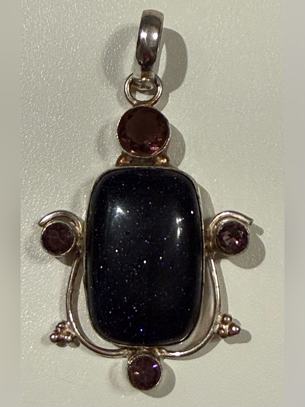 Estate 925 Sterling Silver Blue Goldstone Amethyst Statement Pendant -EUC